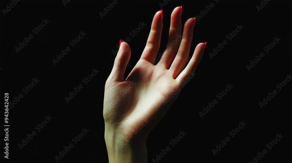 Fototapeta premium Elegant outstretched hand with polished nails against a dark background, showcasing artistic human expression and beauty
