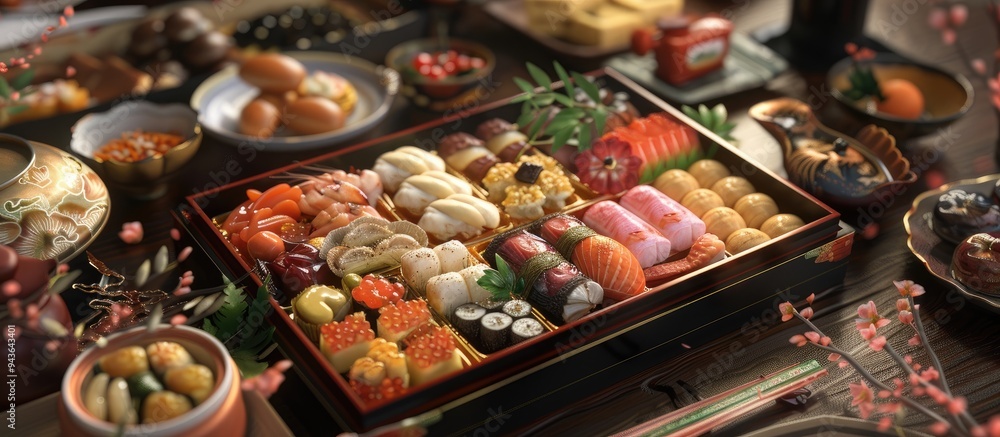 View beautiful traditional Japanese Osechi dishes presented individually in a copy space image View beautiful traditional Japanese Osechi dishes presented individually in a copy space image