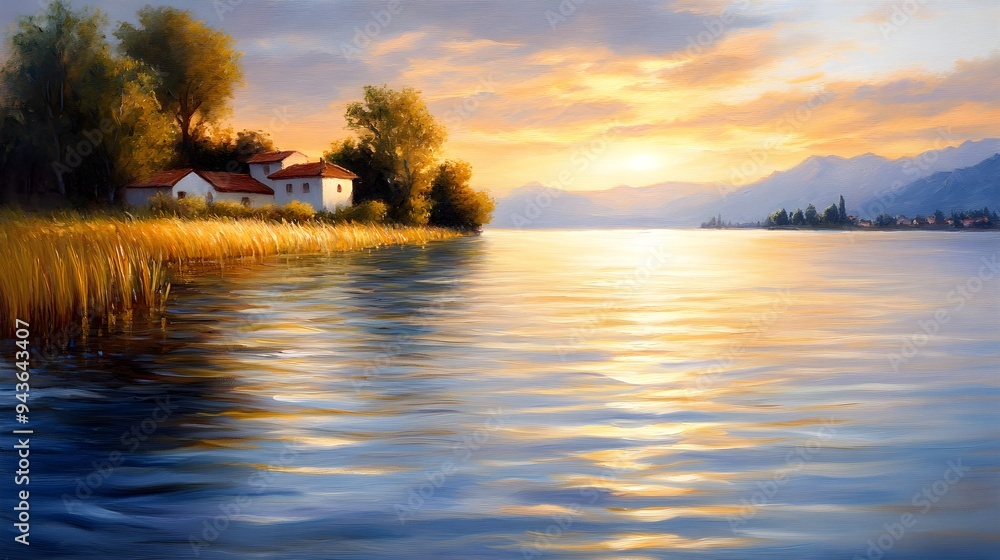 Fototapeta premium A small village at the water's edge, delicate ripples in the lake, oil painting, flowing brushstrokes, warm evening light, soft, calming colors.