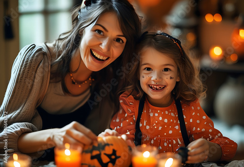 Mother and her daughter having fun at home. Happy Family preparing for Halloween. photo