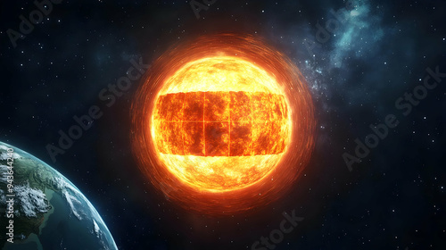 A fiery sun with a grid-lik...