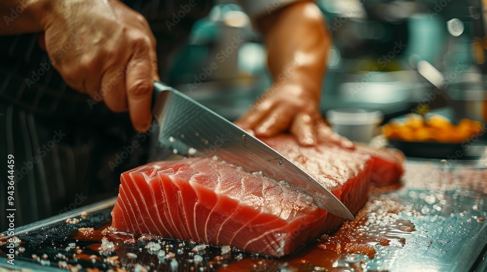 A chef is cutting a piece of fish with a knife A chef is cutting a piece of fish with a knife
