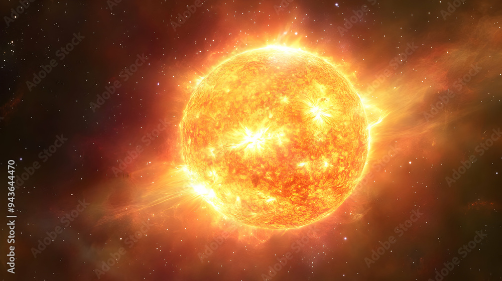 Obraz premium A fiery sun with flares in space.