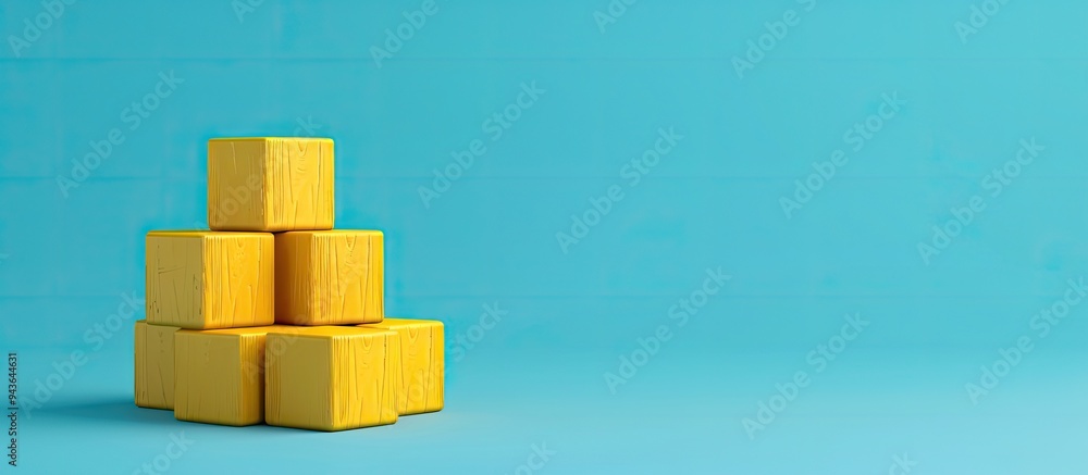 A symbolic representation of the buy now pay later concept is depicted on yellow wooden cubes against a blue background providing ample copy space for text or images A symbolic representation of the buy now pay later concept is depicted on yellow wooden cubes against a blue background providing ample copy space for text or images