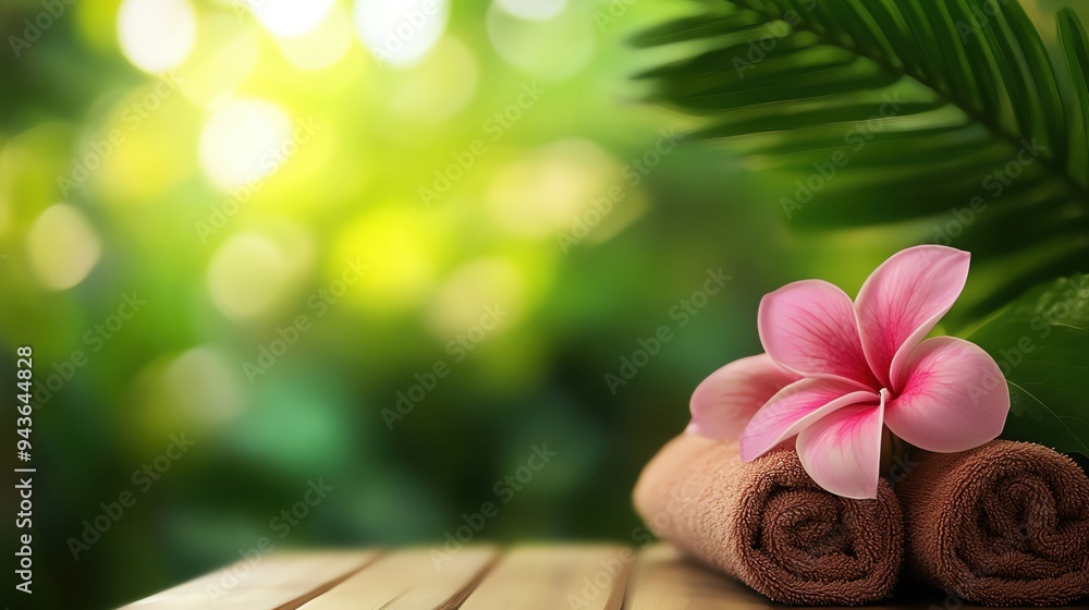 Relaxing spa setting with rolled towels and a pink flower, surrounded by lush greenery, perfect for wellness and tranquility. Relaxing spa setting with rolled towels and a pink flower, surrounded by lush greenery, perfect for wellness and tranquility.