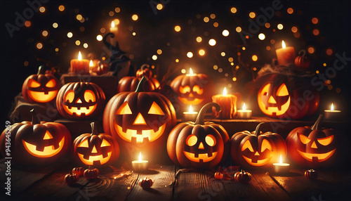 Lit jack-o-lanterns on wood, bokeh background. photo