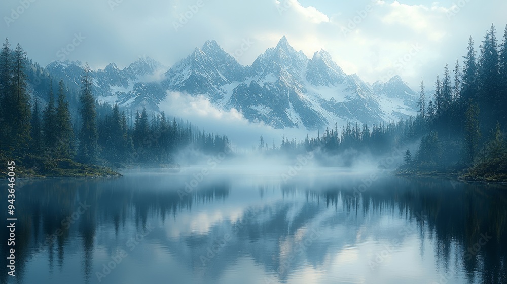 Misty Mountain Lake with Reflection and Forest Misty Mountain Lake with Reflection and Forest