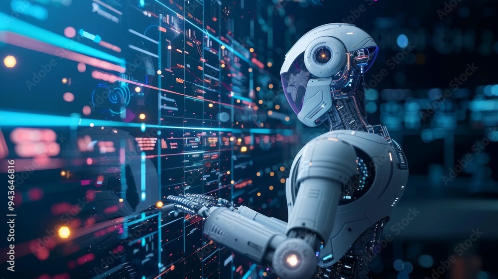 Futuristic robot with metallic surface interacts with digital interface on dark screen, displaying data and graphs in high-tech ambiance. Futuristic robot with metallic surface interacts with digital interface on dark screen, displaying data and graphs in high-tech ambiance.