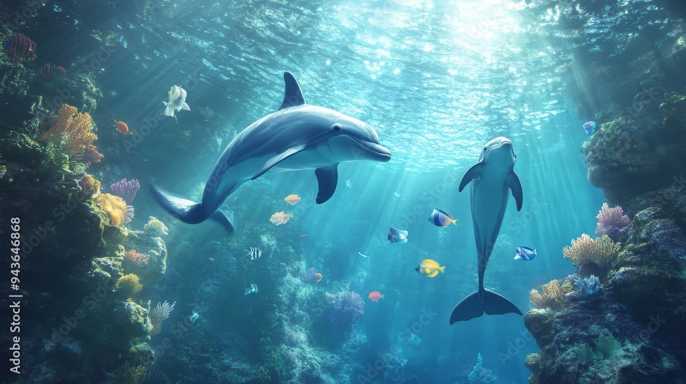 Fototapeta premium Dolphins attending a marine biology class, learning about different species of fish in a coral reef.v