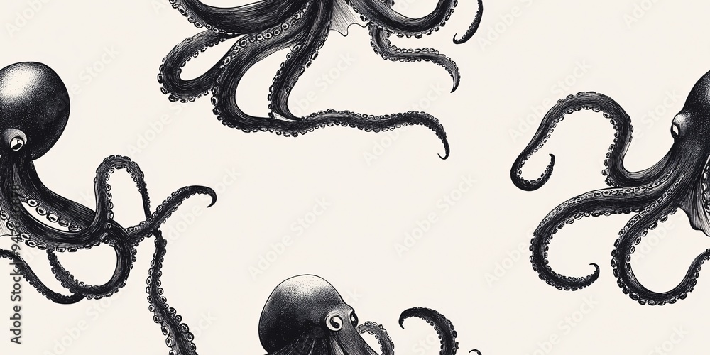 Illustration of playful octopuses on a light background, capturing their fluid movement. Illustration of playful octopuses on a light background, capturing their fluid movement.