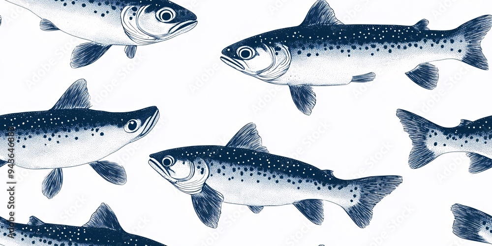 A detailed illustration of blue-spotted trout swimming elegantly in water. A detailed illustration of blue-spotted trout swimming elegantly in water.