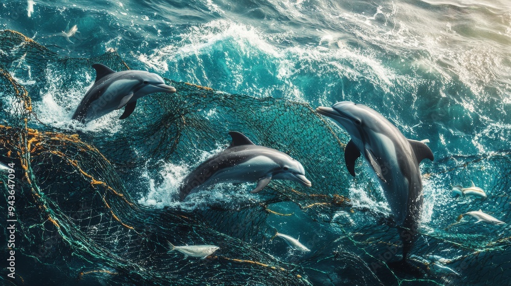 Obraz premium Dolphins promoting sustainable fishing practices in the ocean, guiding fish away from harmful nets.