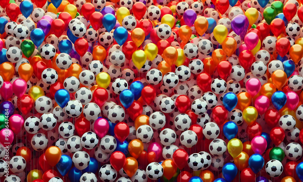 Fototapeta premium Viele bunte Luftballons und Fußßbälle angeordnet, lebendig, Muster, abstrakt, Hintergrund oder Textur