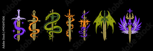 Fantasy sword tattoo set, linocut vector magic blade, dragon wings, color fairy tale silhouette kit. Mystic legend snake print, spiritual medieval logotype, witchcraft sign. Sword tattoo black design