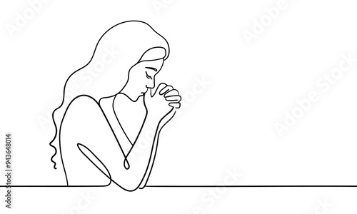 Girl praying with folded hands continuous line art drawing isolated on white background. Christian. Vector illustration