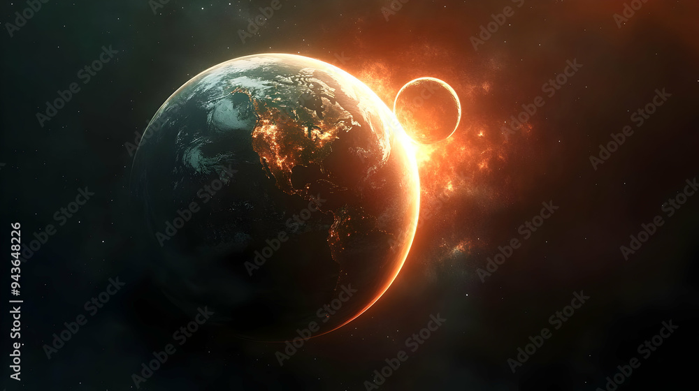 A fiery sunset casts an orange glow over the planet Earth, seen from space. A fiery sunset casts an orange glow over the planet Earth, seen from space.