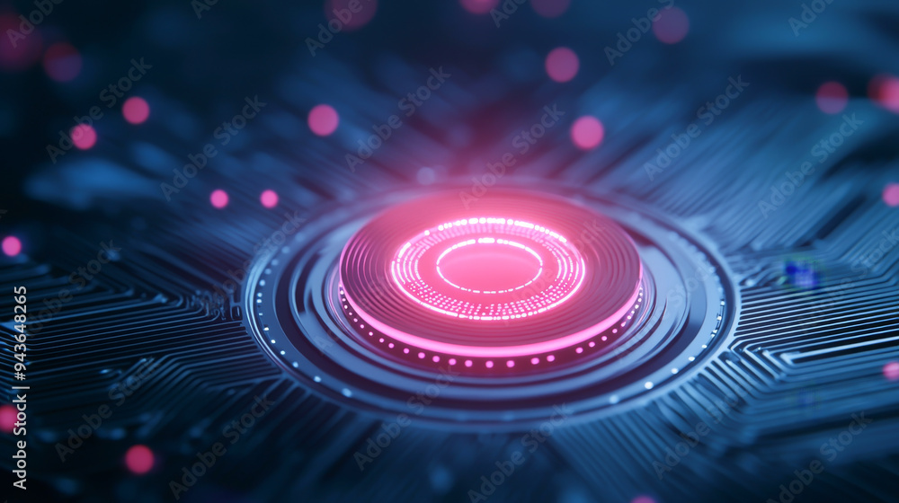 A close-up of a glowing circular element on a digital circuit board, showcasing vibrant colors and intricate designs. A close-up of a glowing circular element on a digital circuit board, showcasing vibrant colors and intricate designs.