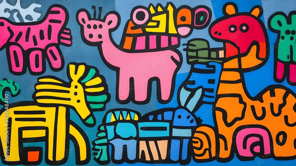 Vibrant Cartoon Characters in Playful Abstract Pattern Design Vibrant Cartoon Characters in Playful Abstract Pattern Design