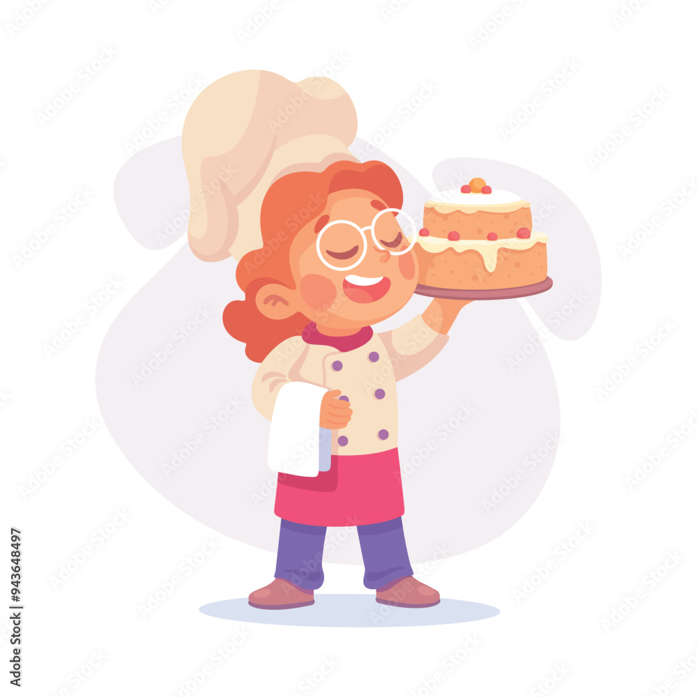 Girl Chef in Toque Hold Cake as Child Profession Vector Illustration Girl Chef in Toque Hold Cake as Child Profession Vector Illustration