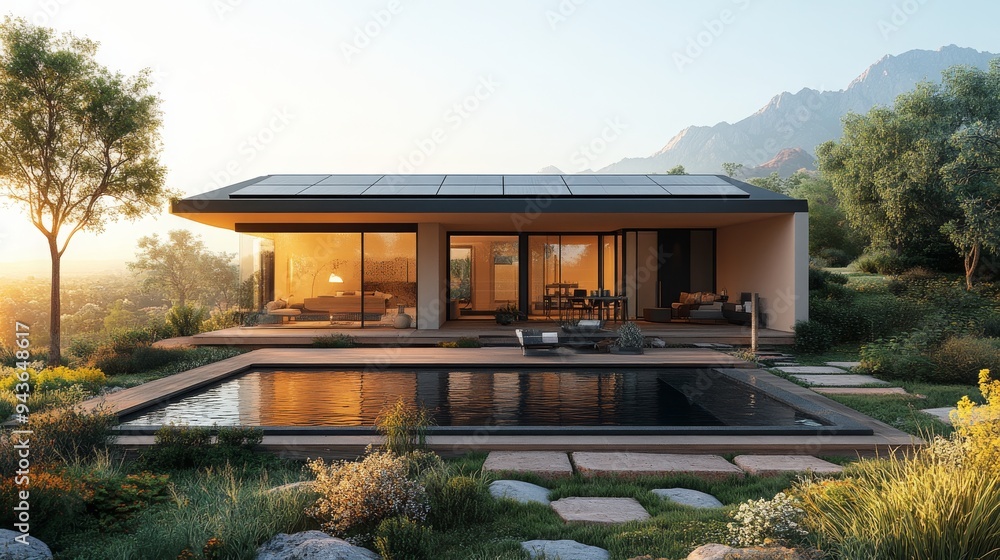A contemporary home featuring solar panels and a pool, set in a natural landscape during sunset. A contemporary home featuring solar panels and a pool, set in a natural landscape during sunset.