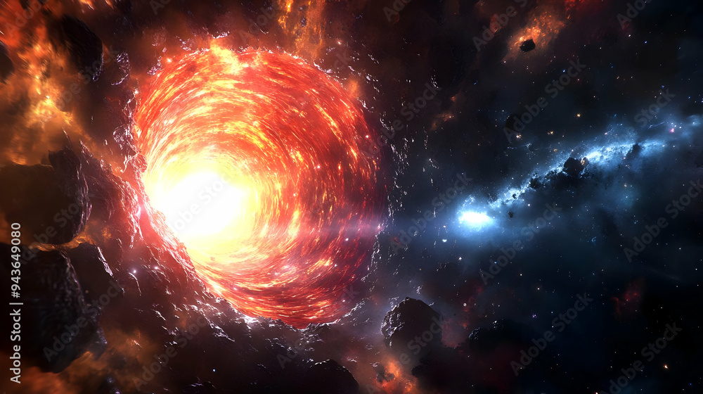 Fototapeta premium A fiery vortex in space with asteroids and a nebula in the background.