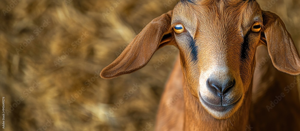 Fototapeta premium Close up of a male Nubian goat on a farm. with copy space image. Place for adding text or design