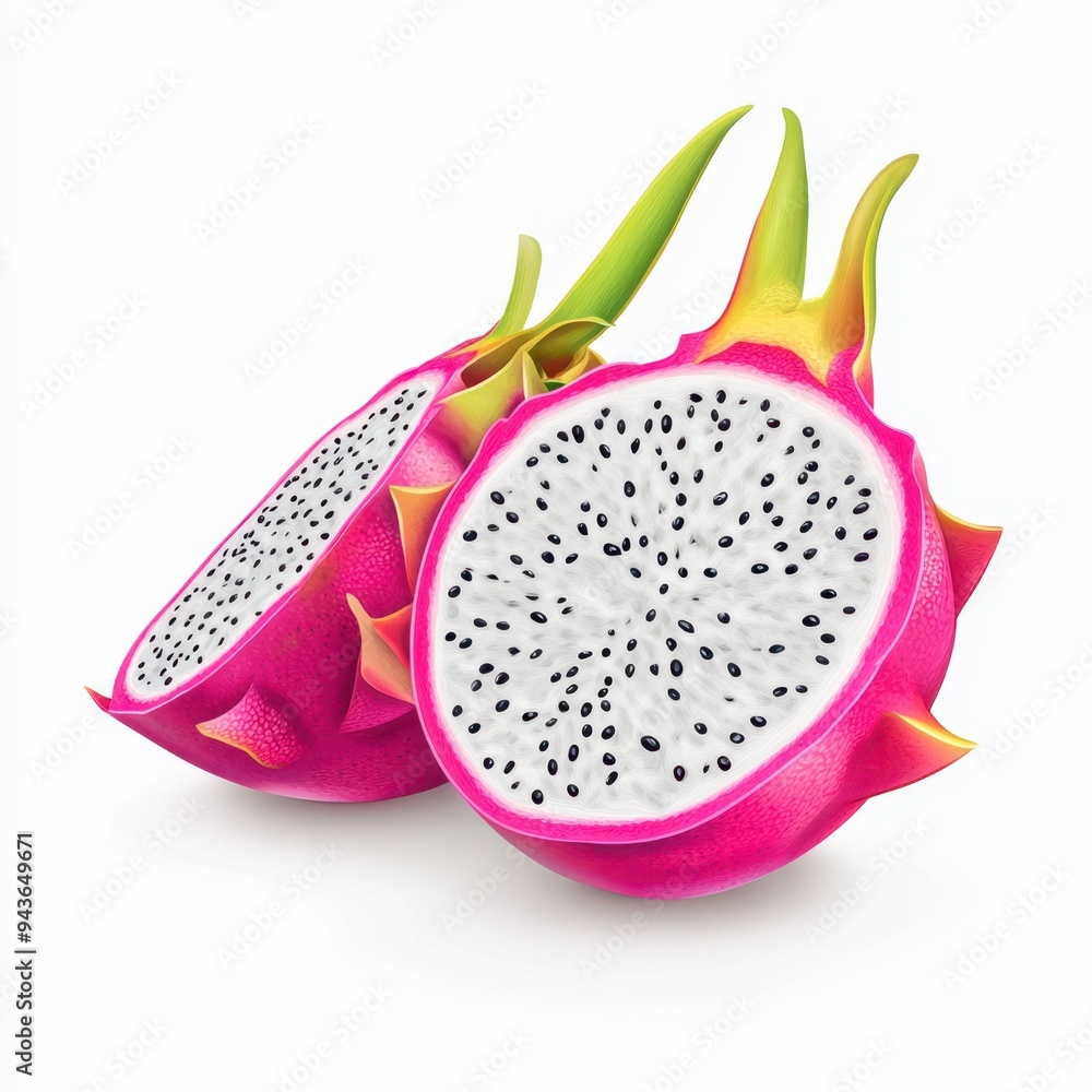 Exotic Dragon Fruit Halves in Photorealistic Style with Vibrant Colors on White Background Exotic Dragon Fruit Halves in Photorealistic Style with Vibrant Colors on White Background