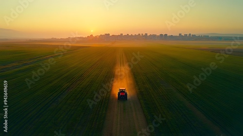 Tractor working in golden fields at sunset with city skyline in the background.