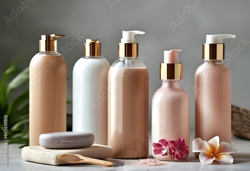 Various cosmetic packaging - bottles, tubes, jars - ideal for showcasing beauty essentials.