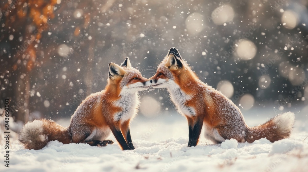 Fototapeta premium Foxes playing in the snow during a winter holiday, their fur dusted with soft snowflakes.