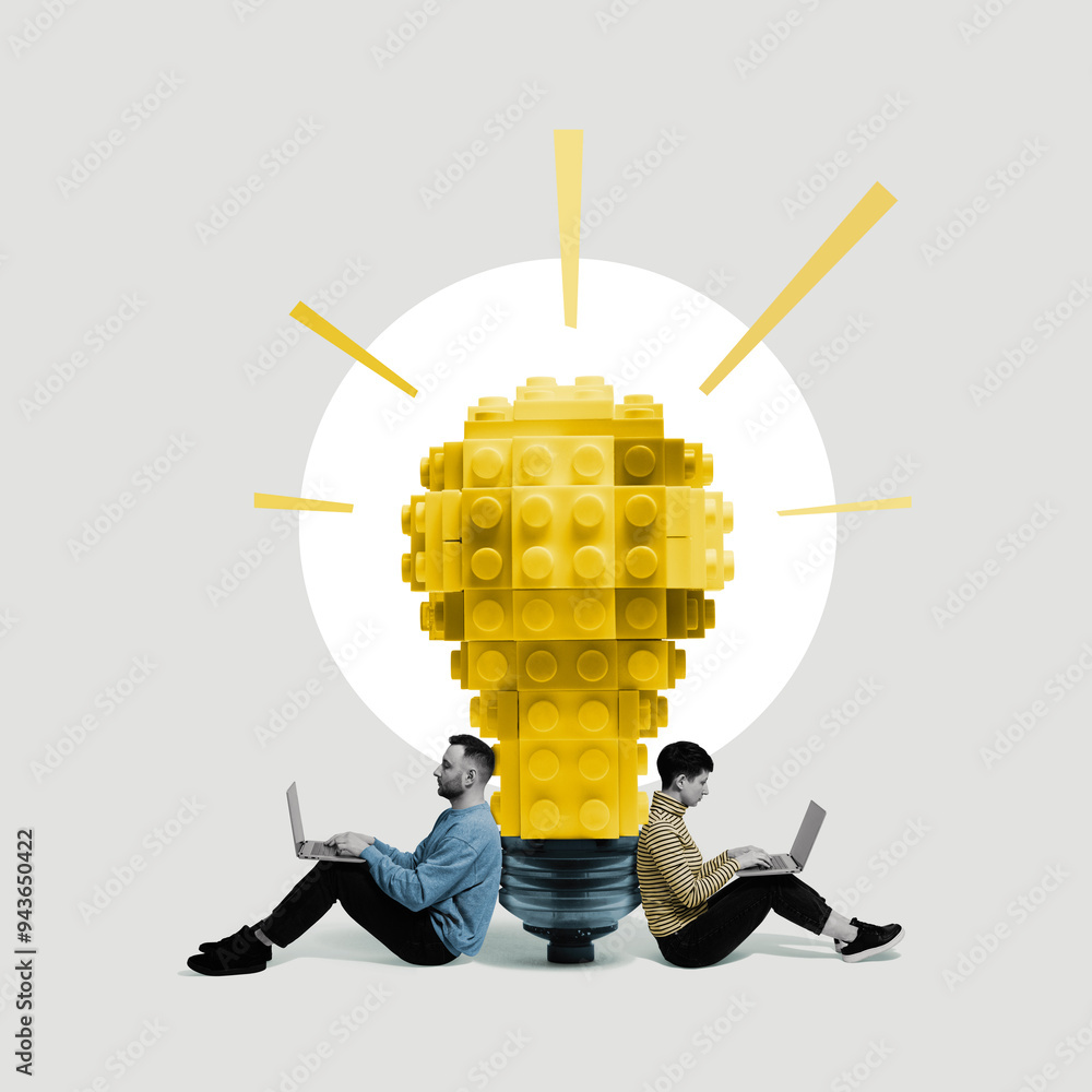 © svetazi - A man and a woman with laptops sit near a large light bulb made of blocks. Art collage. © svetazi - A man and a woman with laptops sit near a large light bulb made of blocks. Art collage.