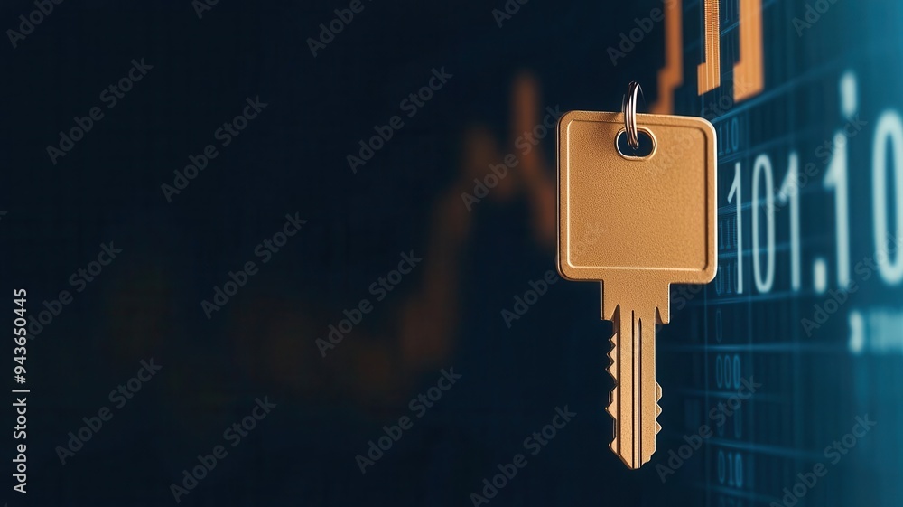 Key floating in front of an abstract digital landscape of numbers and charts, symbolizing data-driven success in business, Key to Success, Data Analytics in Business Key floating in front of an abstract digital landscape of numbers and charts, symbolizing data-driven success in business, Key to Success, Data Analytics in Business