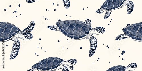 Elegant illustration of sea turtles swimming gracefully on a light background.