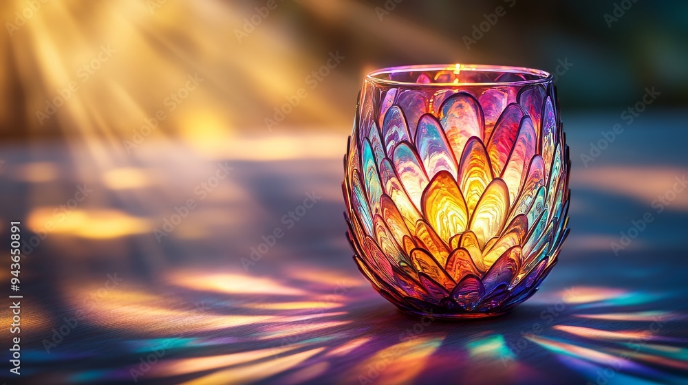 Enchanted vase made from vibrant dragon scales, with flowers that glow in shifting colors, casting intricate shadows on a mystical landscape Enchanted vase made from vibrant dragon scales, with flowers that glow in shifting colors, casting intricate shadows on a mystical landscape