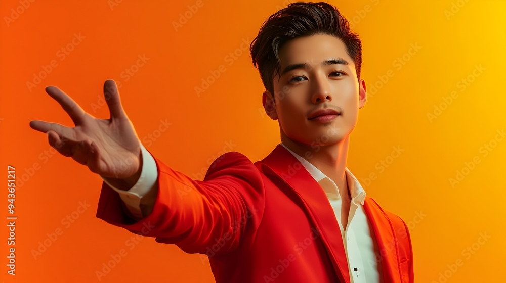 Charismatic Young Asian Businessman In Red Suit Posing Confidently Against Orange Background Charismatic Young Asian Businessman In Red Suit Posing Confidently Against Orange Background
