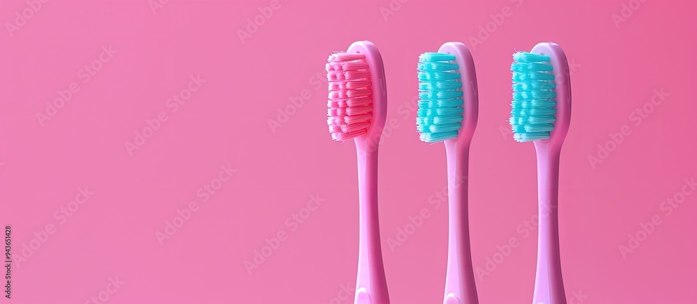 A row of vibrant colorful toothbrushes with selective focus against a pink background Healthy teeth Toothbrushes for everyday oral care. with copy space image. Place for adding text or design A row of vibrant colorful toothbrushes with selective focus against a pink background Healthy teeth Toothbrushes for everyday oral care. with copy space image. Place for adding text or design