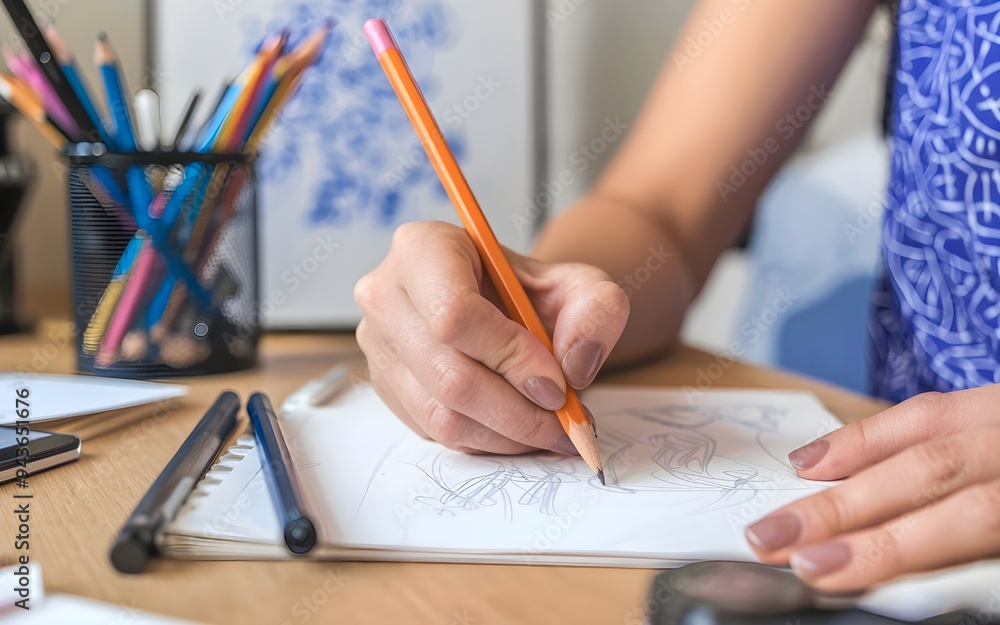 Close-Up of a Female Artist's Hand Drawing a Sketch at Home, Capturing the Creative Process and Artistic Talent in an Intimate Indoor Setting Close-Up of a Female Artist's Hand Drawing a Sketch at Home, Capturing the Creative Process and Artistic Talent in an Intimate Indoor Setting