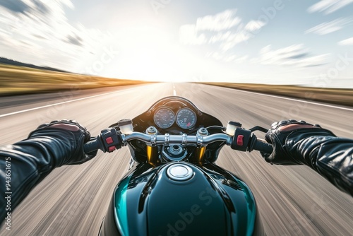 First person view of a motorbike rider speeding on an empty road.