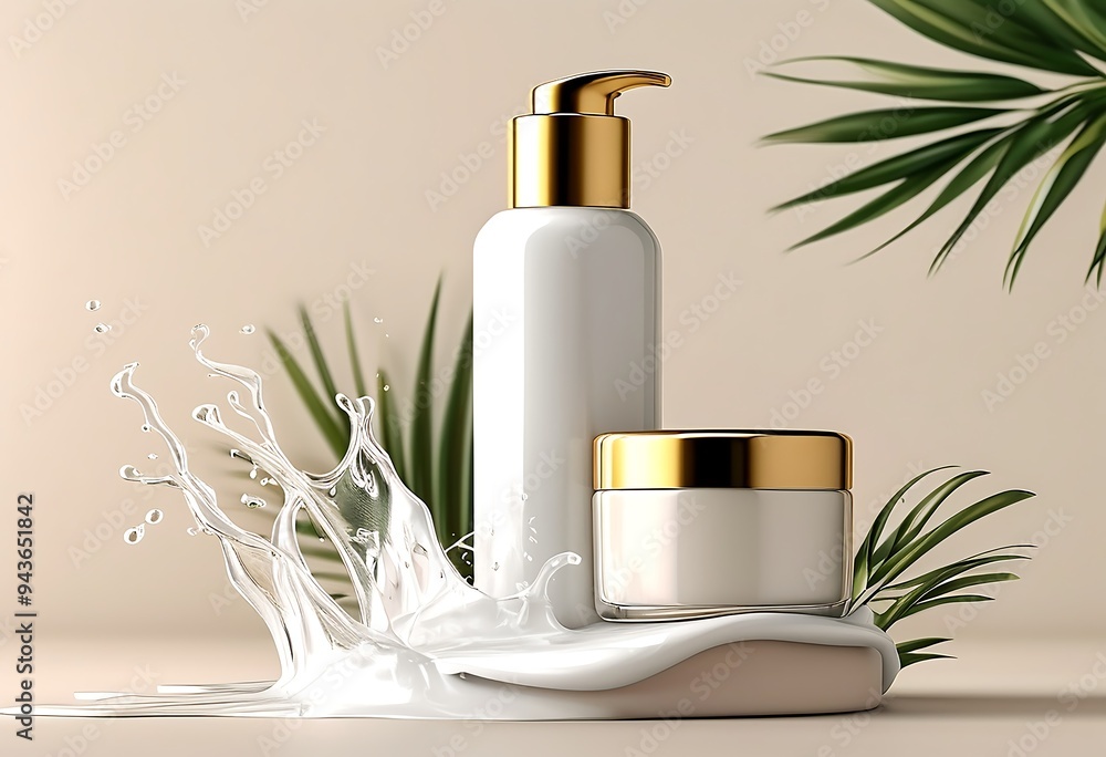 White skincare set, gold accents, milky splashes on beige, elegant, sophisticated. White skincare set, gold accents, milky splashes on beige, elegant, sophisticated.