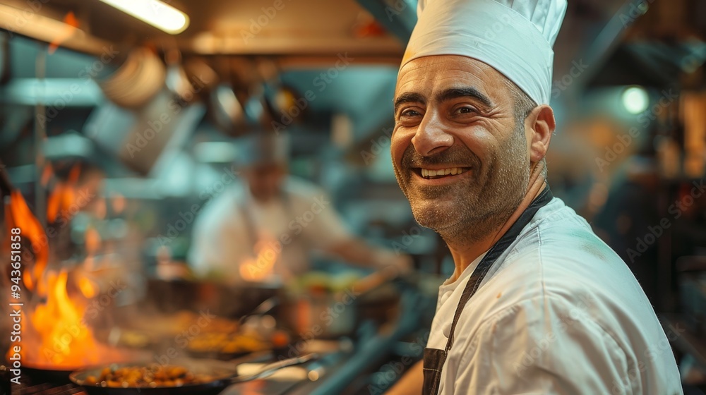 A smiling chef is standing in a kitchen with a fire in the background A smiling chef is standing in a kitchen with a fire in the background