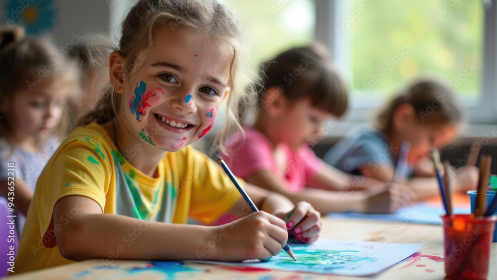 A smiling young girl with colorful paint on her face enjoys a creative moment in a classroom filled with other children painting, representing the joy of artistic expression and imagination. A smiling young girl with colorful paint on her face enjoys a creative moment in a classroom filled with other children painting, representing the joy of artistic expression and imagination.