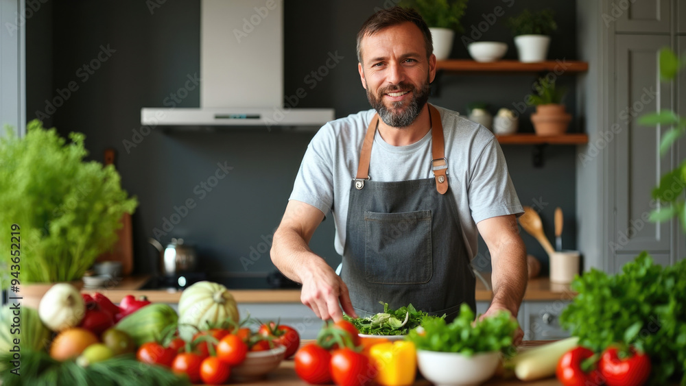 A happy man in a casual apron prepares a fresh salad in his home kitchen, surrounded by a variety of colorful vegetables, exuding a mood of health, positivity, and domestic joy in a bright, contempora A happy man in a casual apron prepares a fresh salad in his home kitchen, surrounded by a variety of colorful vegetables, exuding a mood of health, positivity, and domestic joy in a bright, contempora