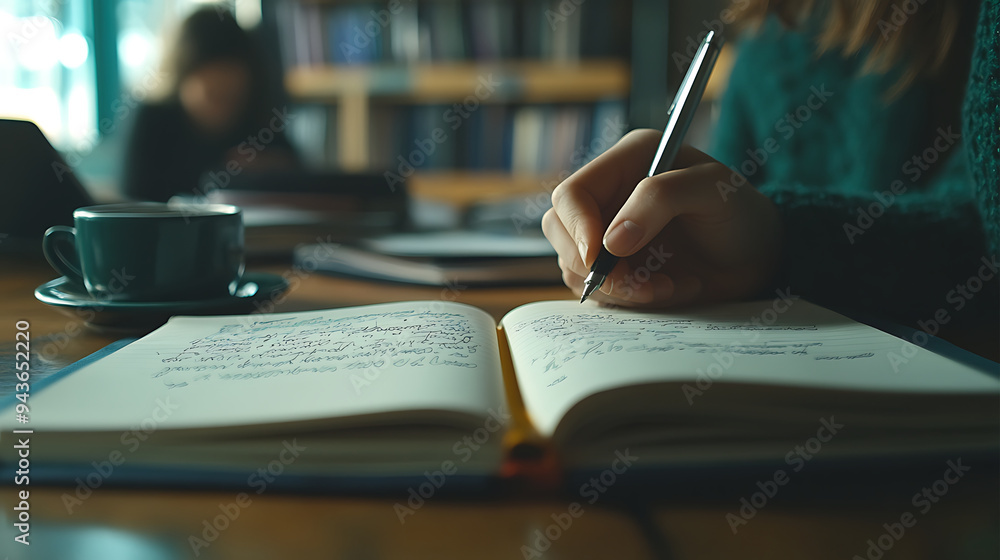 close-up of a student's hand writing in a notebook, with textbooks and a cup of coffee on a desk, the background softly blurred to show a classroom environment close-up of a student's hand writing in a notebook, with textbooks and a cup of coffee on a desk, the background softly blurred to show a classroom environment