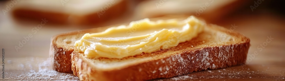 Butter being spread on toast, with a smooth texture and golden color, Warm, Cozy, Detailed Butter being spread on toast, with a smooth texture and golden color, Warm, Cozy, Detailed