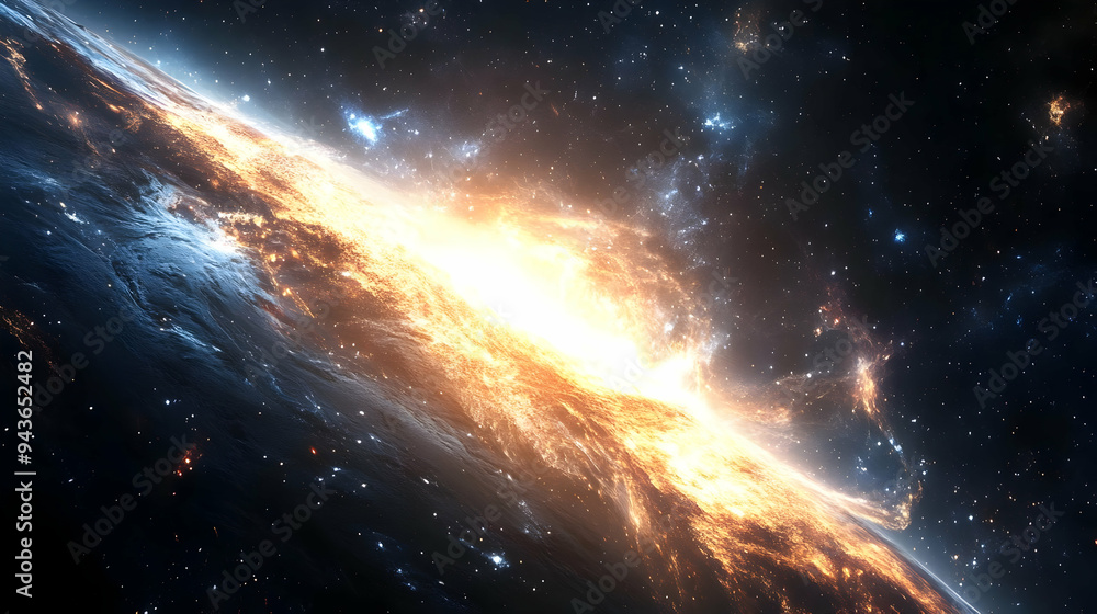 A fiery, luminous galaxy emerging from a planet's surface. A fiery, luminous galaxy emerging from a planet's surface.