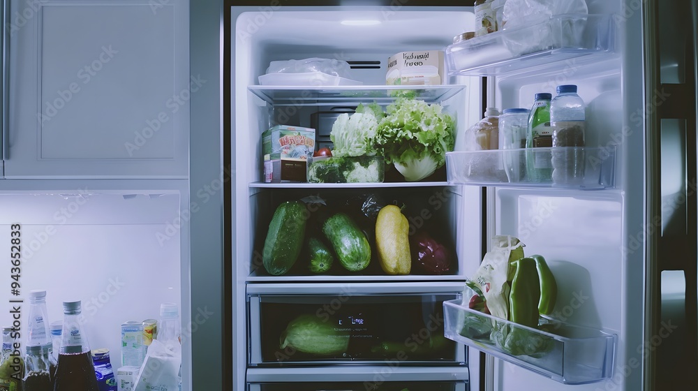 Open Refrigerator Filled with Fresh Produce Open Refrigerator Filled with Fresh Produce