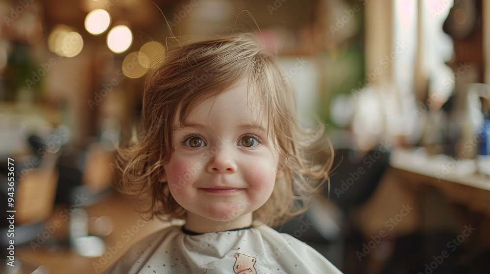 Fototapeta premium Medium shot, cinematic photo of a toddler girl having her hair cut, Hasselblad X1D, rich tones, clean aesthetics, tan accents.