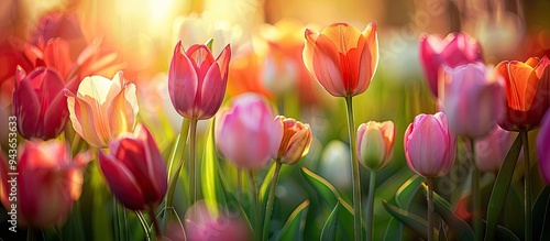 Spring flowers series closeup of lovely tulips in a tulip field with a blurred foreground and background. with copy space image. Place for adding text or design