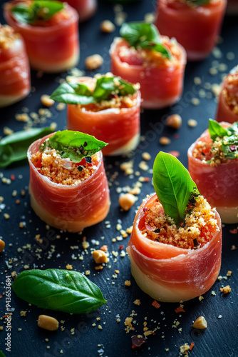 Prosciutto e melone: small portions of melon wrapped in prosciutto, presented with basil leaves and peanut crumb on a black background 