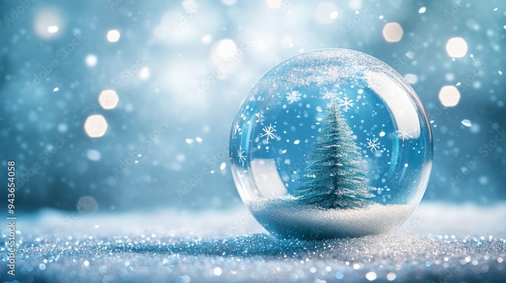 Festive empty glass transparent ball with Christmas tree inside on it. Blue background with white snowflakes and rays of light. Copy space. postcard, design Festive empty glass transparent ball with Christmas tree inside on it. Blue background with white snowflakes and rays of light. Copy space. postcard, design